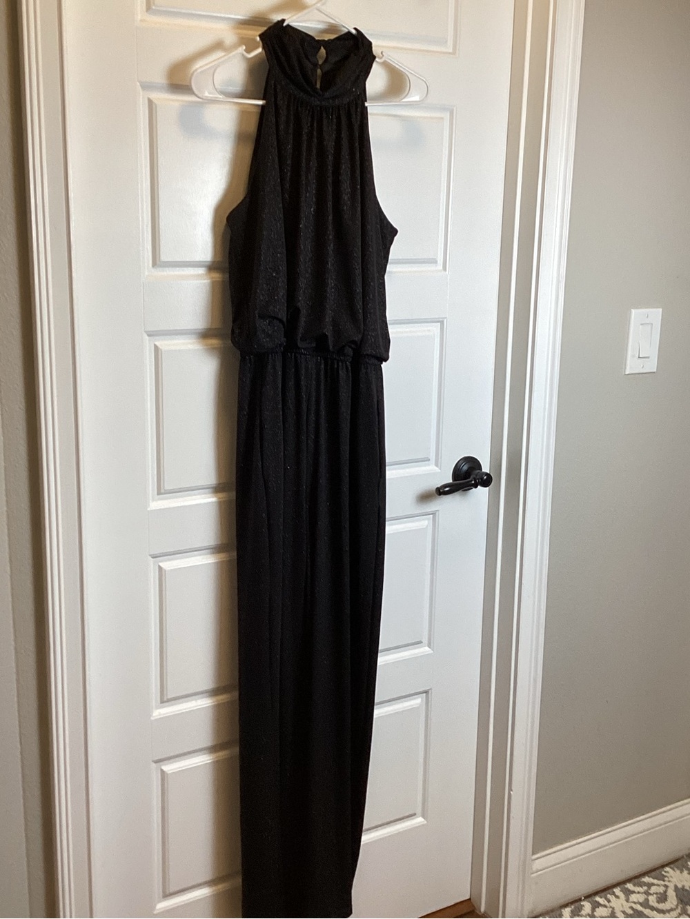 Enfocus Studio Black Halter Romper Shimmery pockets wide leg.